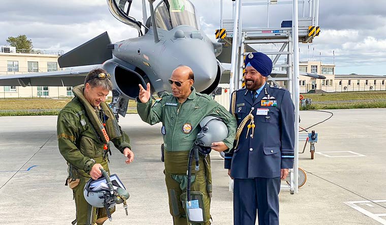 Defence Minister Rajnath Singh prepares for a sortie in a Rafale Jet in Merignac, near Bordeaux, France | PTI