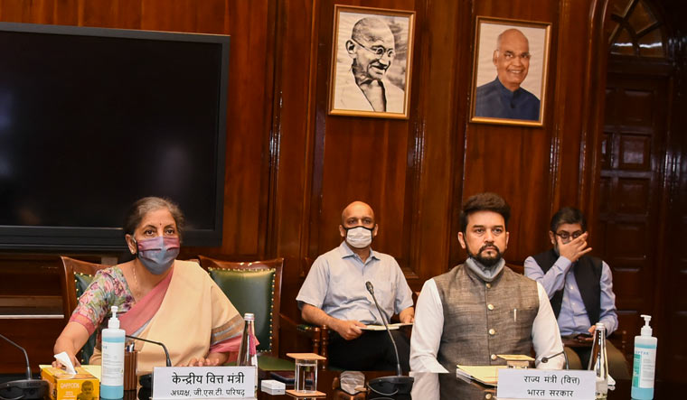 Union Finance Minister Nirmala Sitharaman chairs the 41st GST Council meeting via video conferencing in New Delhi. MoS for Finance Anurag Thakur is also seen | PTI
