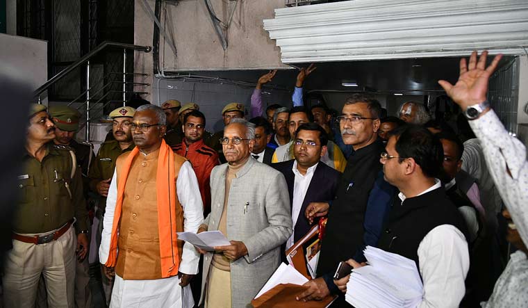 [File] Office-bearers of Ram Mandir Trust addressing the media in Delhi | Sanjay Ahlawat