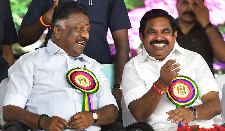 Tamil Nadu Chief Minister Edappadi K. Palaniswami and Deputy Chief Minister O. Panneerselvam at the birth centenary of the late chief minister M.G. Ramachandran at YMCA ground, Nandanam in Chennai, on Sunday | PTI