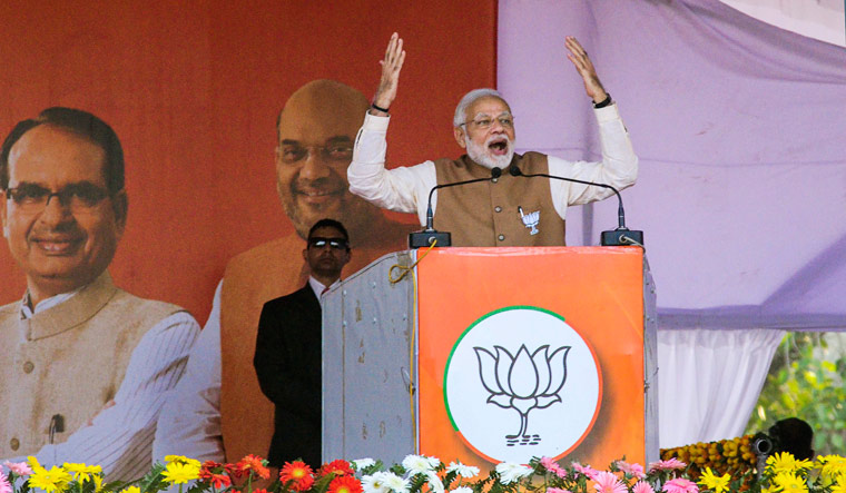 Prime Minister Narendra Modi addresses a rally ahead of Madhya Pradesh Assembly elections, in Rewa | PTI