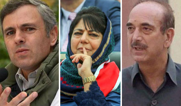 A combination picture of NC's Omar Abdulla, PDP chief Mehbooba Mufti and Congress's Ghulam Nabi Azad |  File