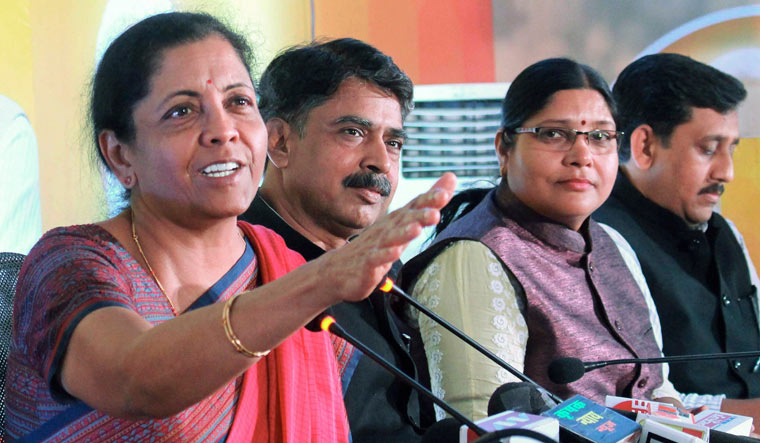 Union Defence Minister Nirmala Sitaraman talks to media persons at BJP Media Centre in Bhopal | PTI