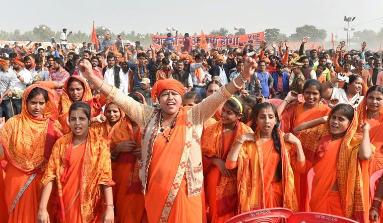 Sadhvis participate in 'Dharam Sabha', being organised by the Vishwa Hindu Parishad to push for the construction of the Ram temple, in Ayodhya | PTI