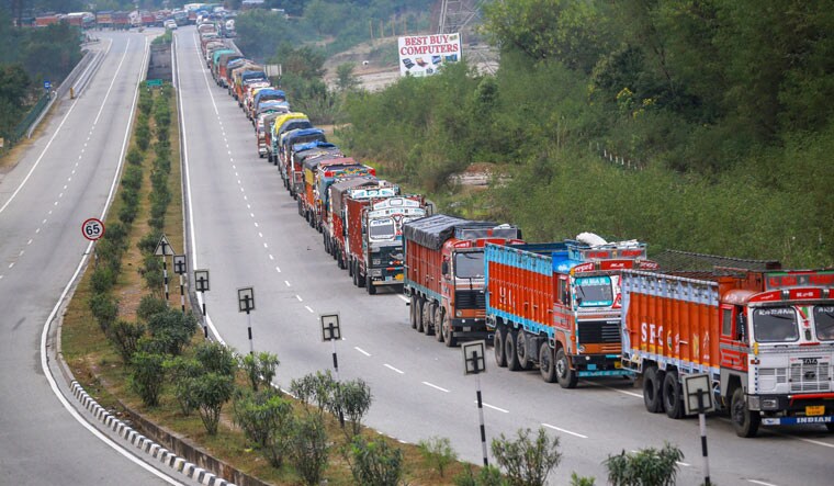 Vehicles stranded on Jammu-Srinagar national highway, which was closed due to fresh snowfall in Kashmir region, at Nagrota on the outskirts of Jammu | PTI