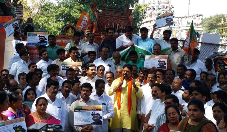 BJP workers protest against the state government's decision to celebrate Tipu Jayanti, in Bengaluru