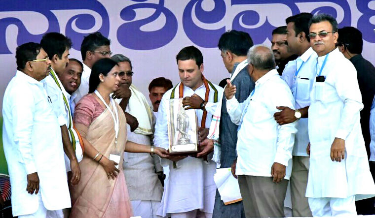 Congress president Rahul Gandhi during the launch of the second leg of the “Janaashirvada Yatra” in Belagavi