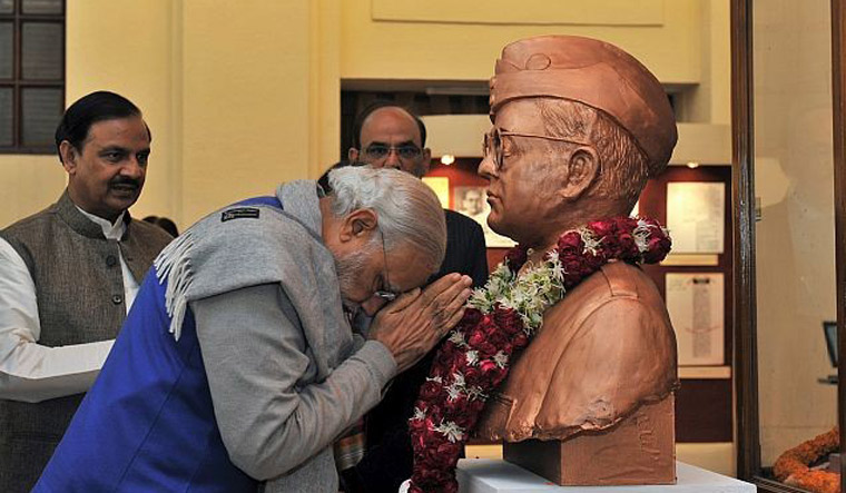 Prime Minister Narendra Modi paying homage to a bust of Subhas Chandra Bose