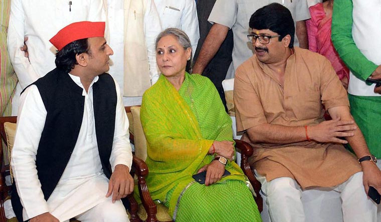 Samajwadi Party President Akhilesh Yadav, senior leader Jaya Bachchan and MLA Raghuraj Pratap Raja Bhyaiya (Independent) after the dinner party organised by Samajwadi party ahead of Rajya Sabha election in Lucknow | PTI