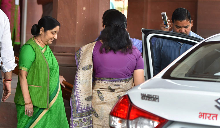 External Affairs Minister Sushma Swaraj leaves during the budget session of Parliament on Wednesday | PTI