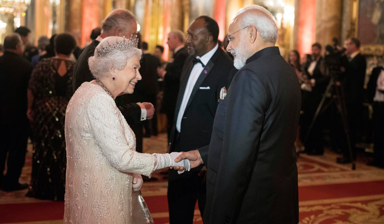 Britain's Queen Elizabeth II, greets India's Prime Minister Narendra Modi in the Blue Drawing Room at Buckingham Palace | AP