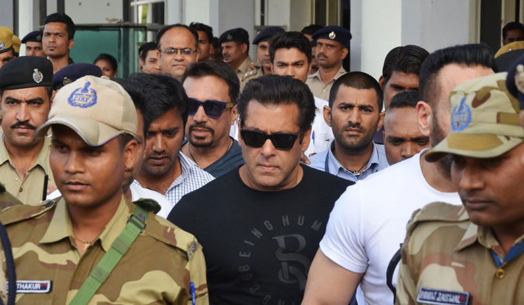 Salman Khan arrives at the airport in Jodhpur on Wednesday ahead of a verdict | AFP