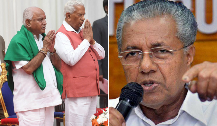 [Left] B.S. Yeddyurappa and Karnataka Governor Vajubhai Vala during Thursday's swearing-in ceremony; [right] Kerala Chief Minister Pinarayi Vijayan
