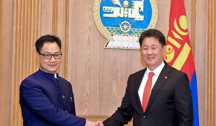 Minister of State for Home Affairs Kiren Rijiju meets Prime Minister of Mongolia Ukhnaagiin Khurelsukh on the sidelines of the Asian Ministerial Conference for Disaster Risk Reduction, in Ulaanbaatar | PTI