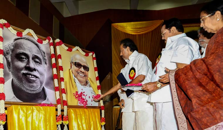DMK working president M.K. Stalin and other leaders pay tribute to Karunanidhi during an executive committee meeting at Anna Arivalayam in Chennai | PTI