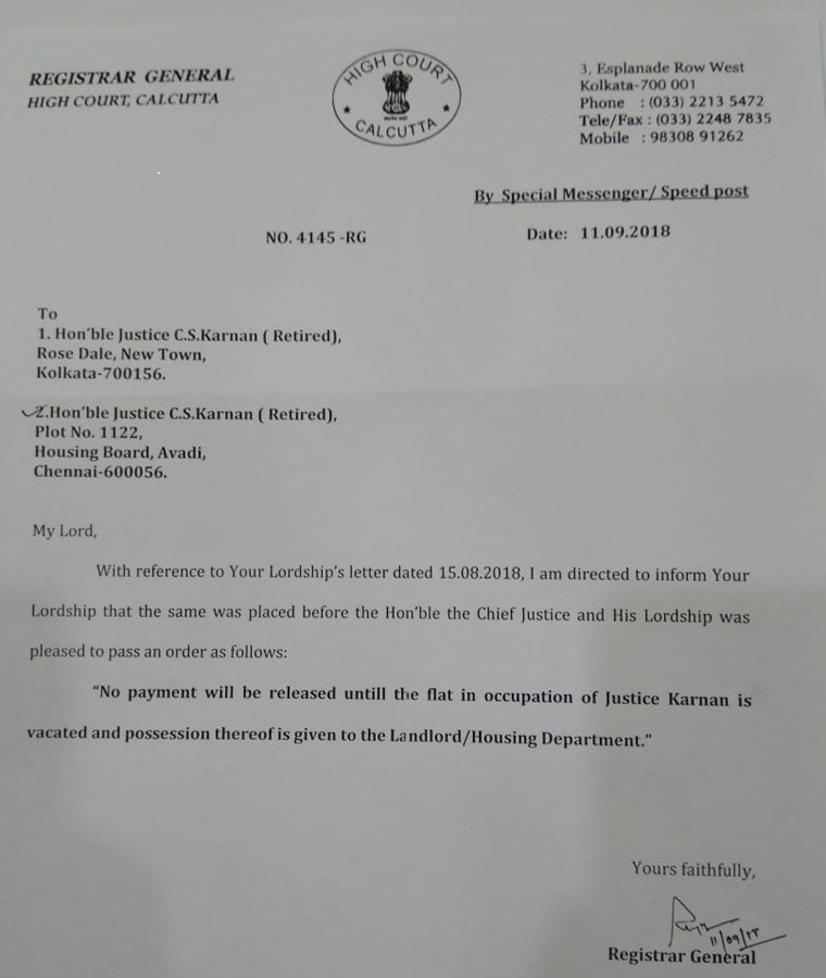 Calcutta HC letter to justice Karnan
