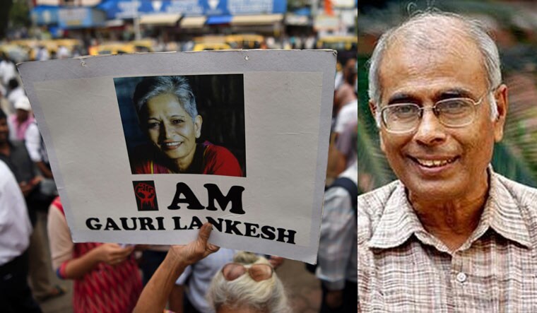An Indian woman holds a poster of murdered activist and editor Gauri Lankesh on her first death anniversary during a protest against the recent arrests of lawyers and left-wing activists outside a railway station in Mumbai | PTI ; File picture of Narendra Dabholkar