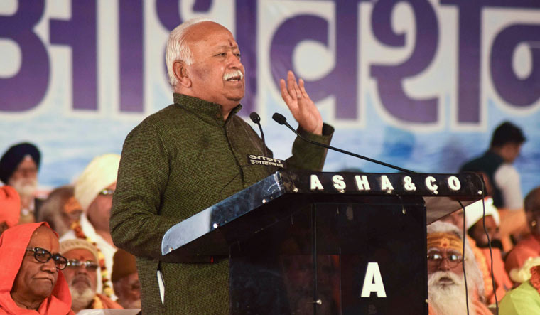 RSS chief Mohan Bhagwat addresses saints and seers during 'Dharm Sansad' called by VHP during Kumbh Mela in Allahabad | PTI
