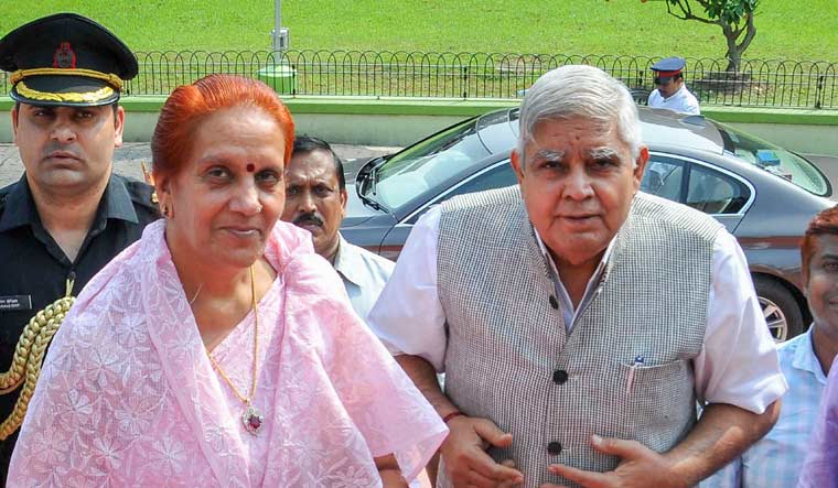 West Bengal Governor Jagdeep Dhankhar (R) with his wife Sudesh Dhankhar during their visit to National Library, in Kolkata on Tuesday | PTI