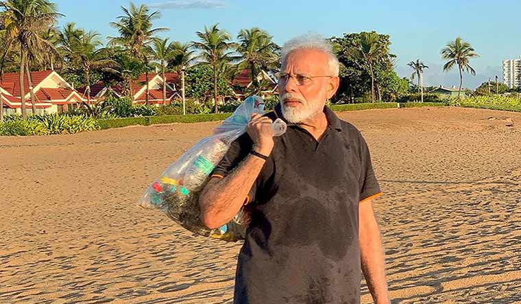 Prime Minister Narendra Modi plogging along the scenic coast of Mamallapuram | PTI