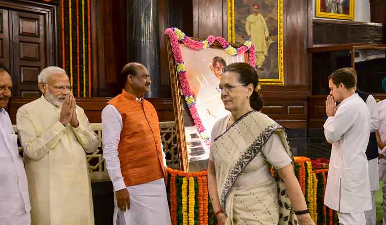 Prime Minister Narendra Modi, Lok Sabha Speaker Om Birla, Congress President Sonia Gandhi, Congress leader Rahul Gandhi and others during a tribute-paying ceremony on the 150th birth anniversary of Mahatma Gandhi at Parliament House | PTI