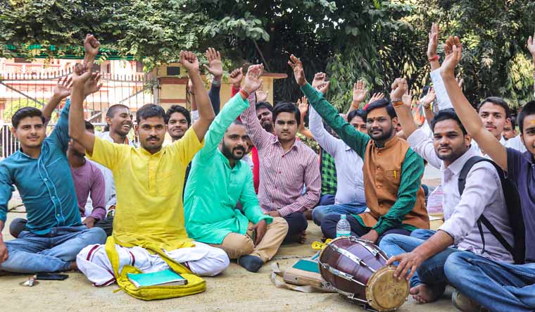 Students stage a protest dharna at theBHU against the appointment of a Muslim teacher in the Sanskri department | PTI