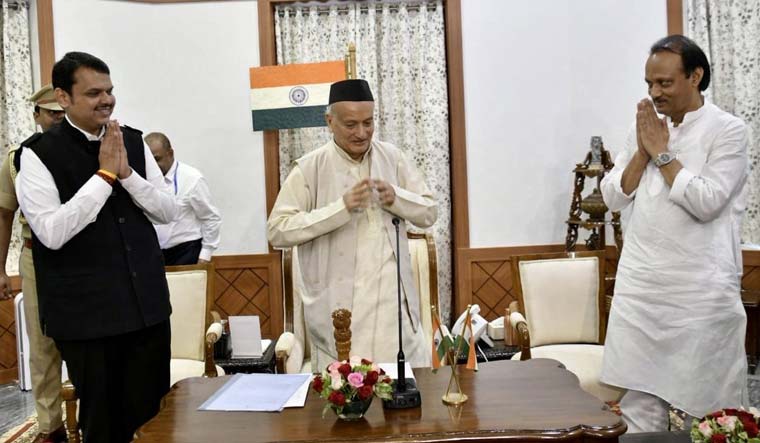 Maharashtra Chief Minister Devendra Fadnavis (left) with Governor Bhagat Singh Koshyari (centre) and Deputy CM Ajit Pawar | By Special Arrangement