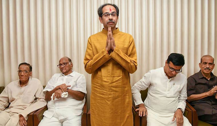 Shiv Sena President Uddhav Thackeray gestures after he was chosen as the nominee for Maharashtra chief minister's post by Shiv Sena-NCP-Congress alliance | PTI