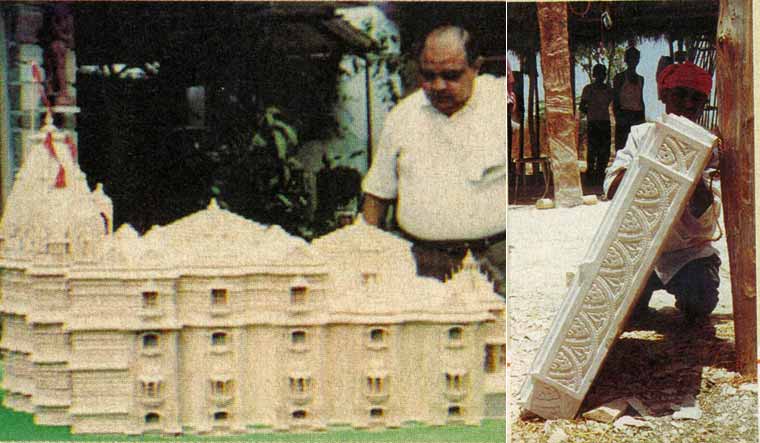 Chandrakant Sompura with the model of Swaminarayan temple; A carved stone at Pindwara | From the archives