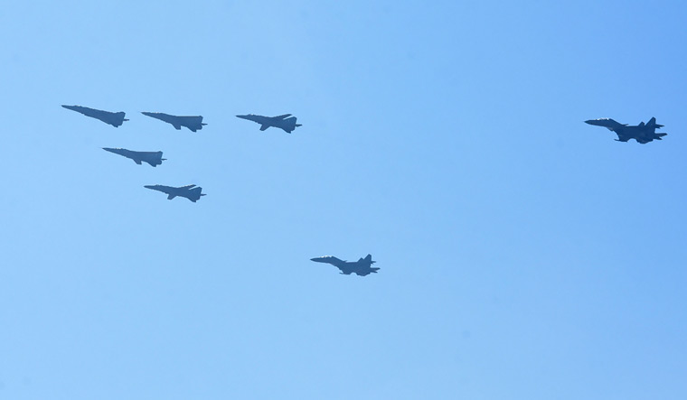 MiG-27 aircrafts fly in a formation for the last time during their de-induction ceremony at the Air Force Station, Jodhpur | PTI