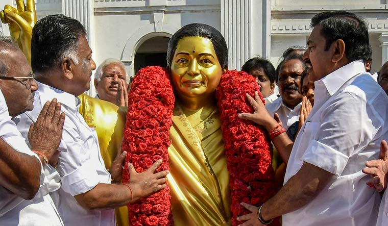 Tamil Nadu Chief Minister Edappadi K. Palaniswami and Deputy Chief Minister O. Panneerselvam pay tribute to former late Tamil Nadu chief minister J Jayalalithaa on her birth anniversary at party headquarters | PTI