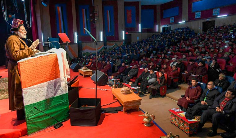 Prime Minister Narendra Modi addresses a gathering during a function, in Leh region of Jammu and Kashmir | PTI