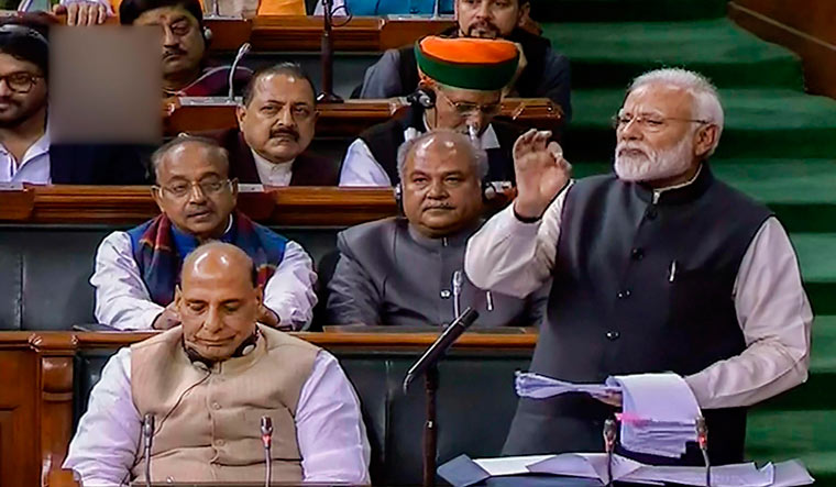 [File] Prime Minister Narendra Modi addresses the Lok Sabha during the Budget Session of Parliament | PTI