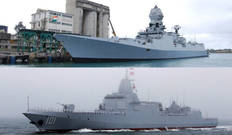 A collage showing on top the INS Kolkata (Indian Navy) and the Type 055 Nanchang (Reuters)