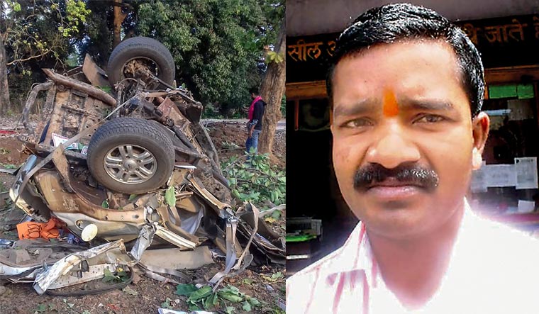 [Left] Mangled remains of a vehicle after a BJP convoy was attacked by the Maoists in Dantewada district of Chhattisgarh; [Right] A file photo of BJP MLA Bhima Mandavi | PTI
