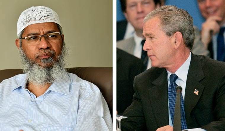 Zakir Naik made his views on George Bush clear in his interview | Photos by Sanjay Ahlawat (left), Reuters (right)