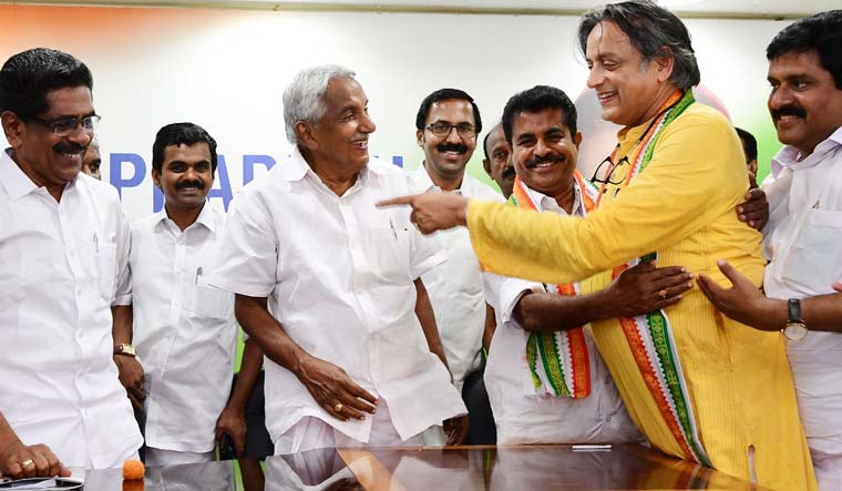 Congress MP Shashi Tharoor (yellow kurta) being congratulated by fellow party leaders on his victory | R.S. Gopan