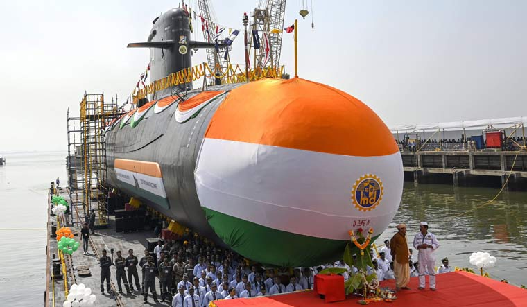 Indian Navy's fourth stealth Scorpene class Submarine Vela, built at the Mazagon Dock Limited (MDL), during its launch in Mumbai | PTI