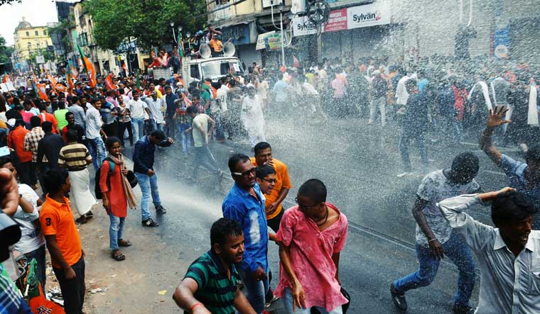 Police use water canon against BJP workers during a protest in Kolkata | Salil Bera