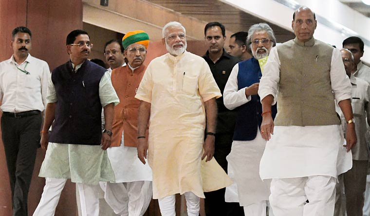Prime Minister Narendra Modi along with other party leaders leave after attending an all-party meeting | PTI