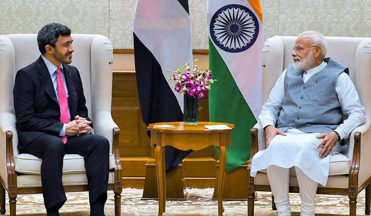 Prime Minister Narendra Modi meets the minister of foreign affairs of the UAE, Sheikh Abdullah Bin Zayed Al Nahyan, in New Delhi on Tuesday | PTI