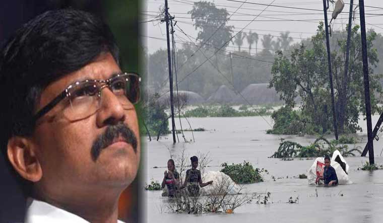 Shiv Sena MP Sanjay Raut (L); people wade through water in a flooded area after heavy rains in Mumbai | PTI/Amey S. Mansabdar