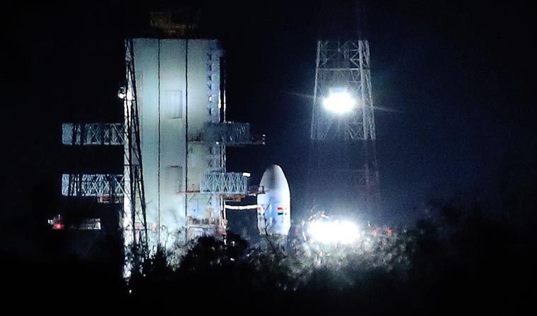 ISRO's GSLV MkIII carrying Chandrayaan-2 stands at Satish Dhawan Space Center after the mission was aborted at the last minute at Sriharikota on July 15 | AP