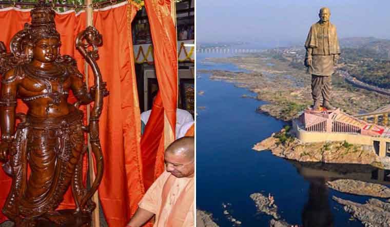 Uttar Pradesh CM Yogi Adityanath inaugurating a Lord Ram statue [left] and the Statue of Unity [right] | File