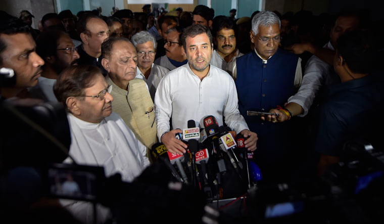 Rahul Gandhi and other opposition leaders addressing the press in Delhi after being sent back from Srinagar | PTI