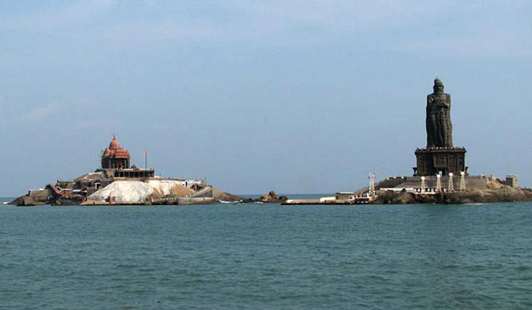 The memorials of Vivekananda and Thiruvalluvar located at the meeting point of the Arabian Sea, the Bay of Bengal, and the Indian Ocean in Kanyakumari.