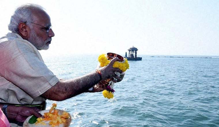 [File] Prime Minister Narendra Modi performs Jal Pujan for the Chhatrapati Shivaji Maharaj Memorial in the Arabian Sea, 4 km off Mumbai's Marine Drive | PTI