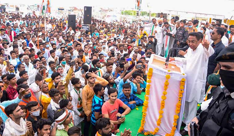 Congress leader Kamal Nath addresses an election campaign rally ahead of Madhya Pradesh assembly bypolls, in Gwalior | Twitter / INCMP