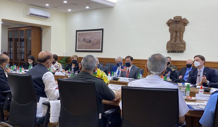 Bilateral meeting between US Secretary of Defence Mark Esper and Defence Minister Rajnath Singh at South Block | Twitter/DD India