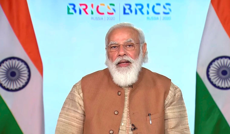 Prime Minister Narendra Modi addresses during the BRICS summit, via video conferencing, in New Delhi | PTI